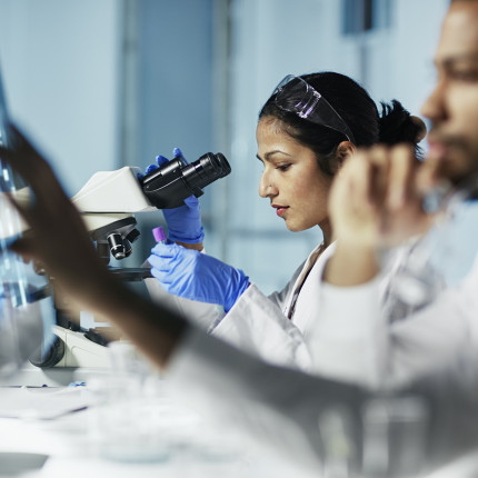 Medical research photo of scientists looking at microscopes
