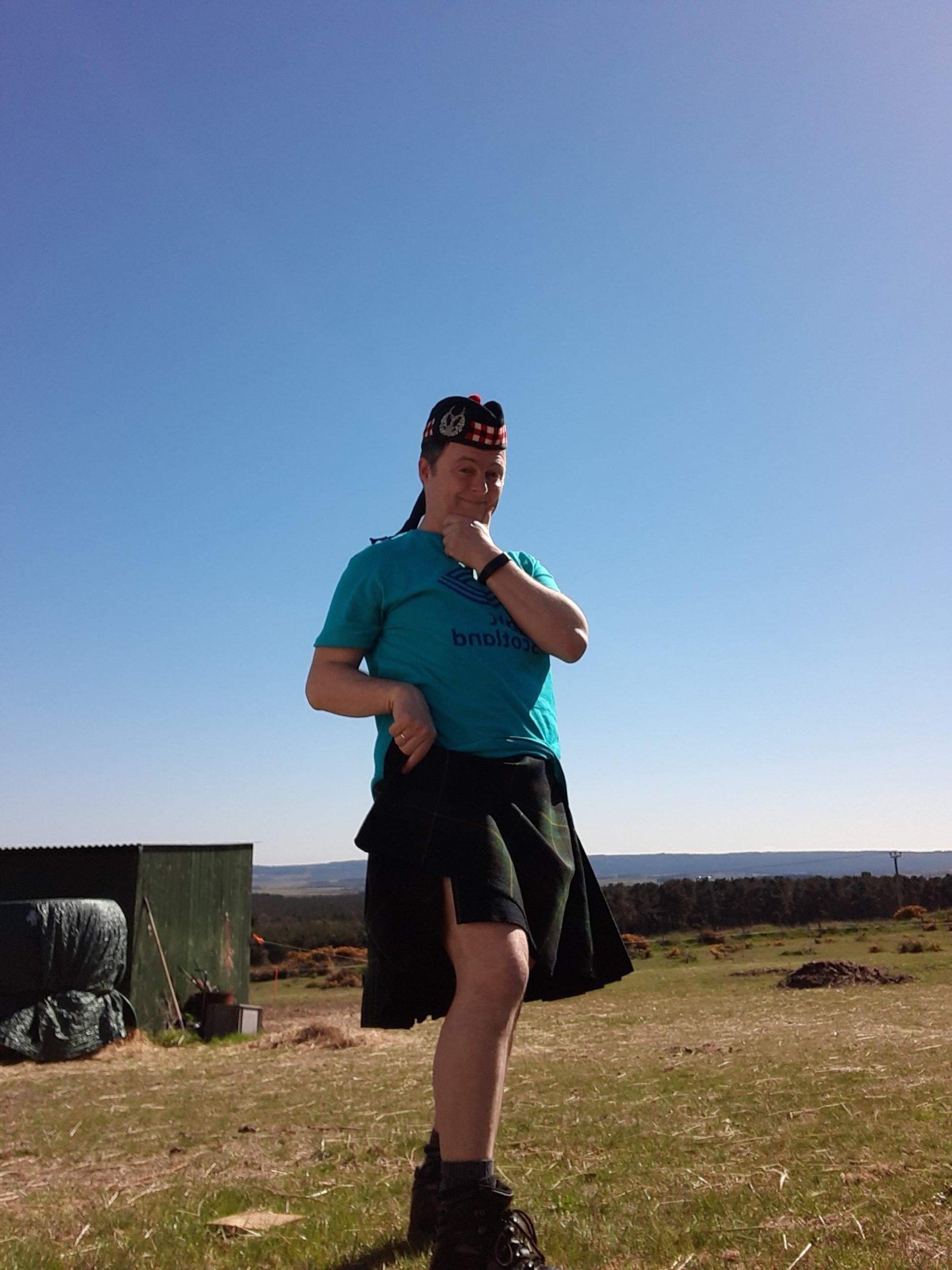 Mick Hilton wearing Sight Scotland t-shirt and kilt for Kiltwalk challenge Mick Hilton wearing Sight Scotland t-shirt and kilt for Kiltwalk challenge