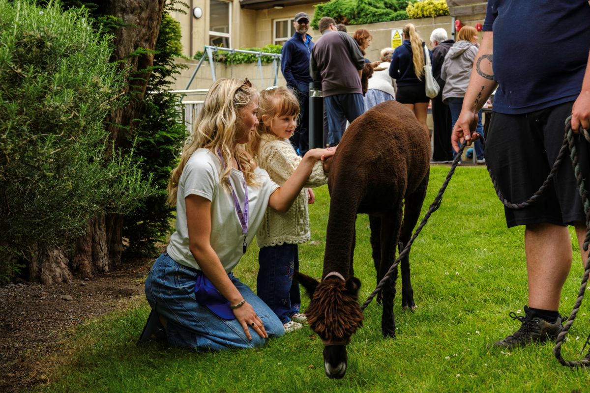 A woman and young child kneel beside an alpaca and gently stroke it