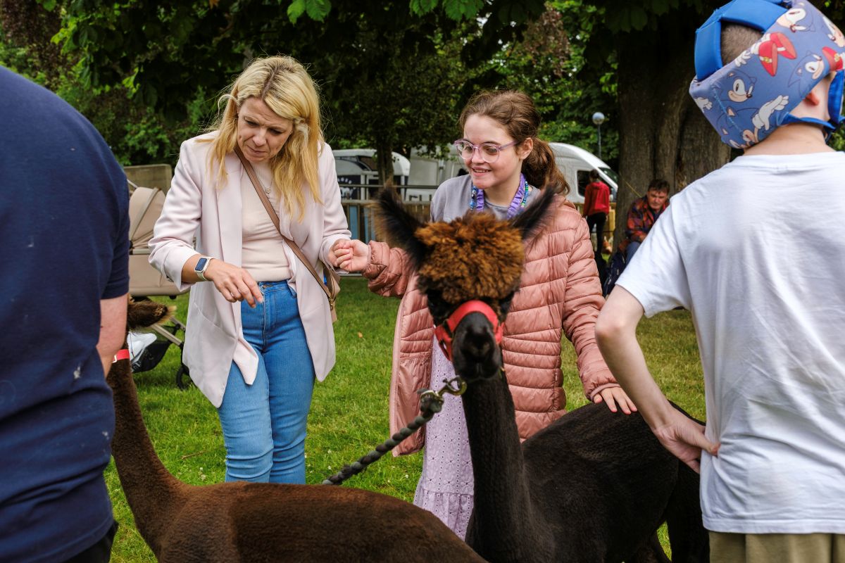 A woman and a girl stand in the school gardens next to two black alpacas at the Royal Blind School Family Fun Day 2026