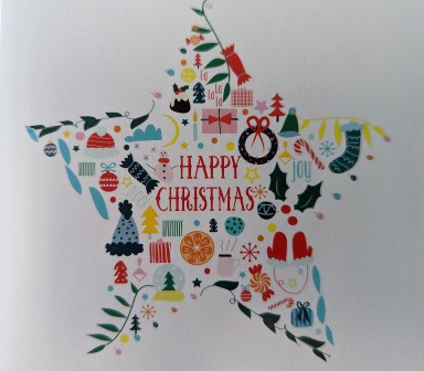 Christmas images are placed in a star shape with 'Happy Christmas' in the middle
