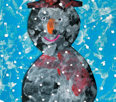 A snowman wearing a red top hat is against a blue snowy background with 'Merry Christmas' written underneath.