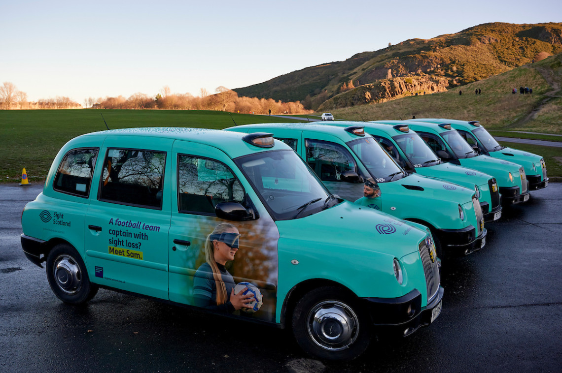 The five taxis with the More Than Meets the Eye campaign by Sight Scotland