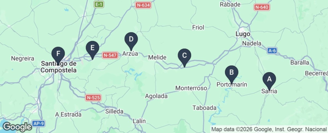 A digital map of the Camino route and the 6 stops along the way 