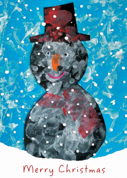 A snowman wearing a red top hat is against a blue snowy background with 'Merry Christmas' written underneath.